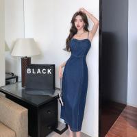 ราคา COD Wine Afternoon French Vintage Sundress Girls 2023 New Denim Cinched Waist Slim Slim Slit Long Dress PCS (20834166229)