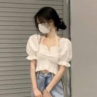 ราคา เสื้อแขนพองสีขาวเสื้อเชิ้ตผู้หญิงเสื้อเอวลอยเอวคอสี่เหลี่ยมใหม่2022ฤดูร้อน (19581389689)