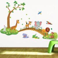 ราคา HelloYoung In Stock 3D Cartoon Jungle wild animal tree bridge lion Giraffe elephant birds flowers wall stickers for kids room living room home decor (20263028544)
