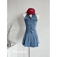 ราคา เซทยีนส์2ชิ้น เสื้อคล้องคอโชว์หลัง กระโปรงแต่งจีบ งานผ้ายีนส์ งานสวยตรงปกสุดๆ งานป้ายนำเข้า (20631888556)