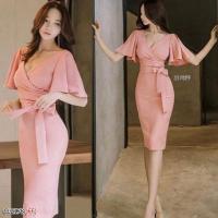 ราคา เดรสยาวคอวีอกป้ายแขนแต่งระบายสีชมพู (21023894586)