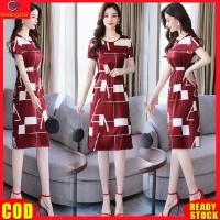 ราคา LeadingStar RC Authentic Women Short sleeved Dress Slim Thin Block Print Mid length Round Neck A line Skirt Waist Drawstring Personalized Split Dress (20776041783)