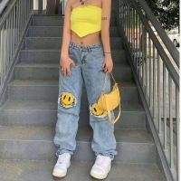 ราคา Printed Jeans Women Fashion Mom Jeans Baggy Straight Leg Pants Blue Loose Ripped Denim Trousers Long High Waist Jeans Streetwear (11702934231)