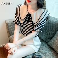 ราคา AMMIN เสื้อเชิ้ตรายริ้วเนื้อผ้าชีฟองน์คอตุ๊กตาแขนสั้นผู้หญิงเสื้อผ้าชีฟองลายทางแขนสั้นเกาหลีฤดูร้อนดีไซน์สไตล์วินเทจใหม่ (18103322825)