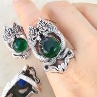 ราคา แหวนพญานาคคู่ โอบมณีสีเขียว มรกต แหวนเงินแท้ รมดำ พลอย CZ YTG 11471 (11682929115)