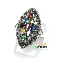 ราคา แหวนนพเก้า แหวนทรงมาคี แหวนเงินแท้ รมดำ พลอยหลากสี cz YTG 9824 (17436136674)
