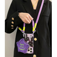 ราคา เคสโทรศัพท์แมวสีดำน่ารักสำหรับ iphone15promax กระเป๋าใส่หูฟังสีม่วงสตาร์ กระเป๋าใส่โทรศัพท์สำหรับ iphone14 สี่มุมเปิดเคสโทรศัพท์ Lanyard สำหรับ iphone13pro เอียงสายคล้องกระเป๋าสำหรับ iphone12promax กา