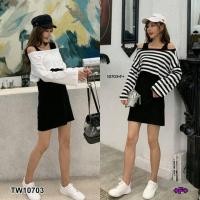ราคา 10703 ชุดเซท เดรสสั้น สีดำ เสื้อแขนยาว ปาดไหล่ ทรงครอป เสื้อผ้าแฟชั่น ชุดเที่ยว แนวสปอร์ต (16980477191)