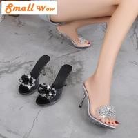 ราคา Small Wow New Arrival June 2023 Women Peep Toe PVC Korean Heeled Sandals Party Rhinestone Stiletto Heel Slip on (19609836442)