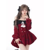 ราคา ชุดเดรสแขนยาวปาดไหล่สีไวน์แดงหวานแหววเดรสดอกไม้สวยหวานเดรสของขวัญวันเกิด (20880529185)