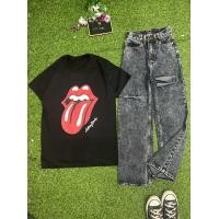 ราคา สาวทรงเอเชตนี้กางเกงยีนส์แต่งขาด เสื้อยืดสีดำ ลายวินเทจเสื้อวงยุค90 ผ้าcotton เป็นชุดเชต2 ชิ้น (15707073277)