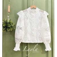 ราคา เสื้อคอตตอนลูกไม้ฉลุ กระดุมหน้า คอจีน แขนยาวปลายแขนพลีทจั้มงานสวยพรีเมี่ยม (21069879437)