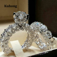 ราคา Kuhong แหวนเพชรกลมแฟชั่นสตรี2ชิ้นแหวนหมั้นแหวนแต่งงานแบบฝังหกกรงเล็บ (12732534560)