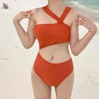 ราคา O2308 ชุดว่ายน้ำ วันพีช เว้าเอว ไขว้หน้า สีส้มอิฐ สีดำ (19035639392)