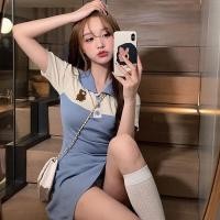 ราคา ชุดเดรสแขนสั้นคอปก ชุดเดรสแขนสั้น ชุดเดรสดีเทลแต่งกระดุม เดรสสั้น ผ้านิตติ้ง (12163867222)
