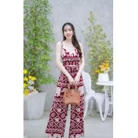 ราคา เสื้อครอปสายเดี่ยวลายช้าง เอวจั้มตัดต่อมีสม๊อคที่เอว กางเกงขายาวผูกโบว์ (21066144116)