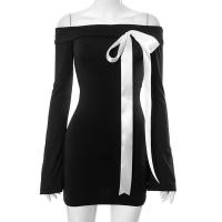 ราคา VesGlory Women Mini Dress Fashion Contrast Color Stripes Off Shoulder Long Sleeves Slim Fit Bodycon Dresses (21128627332)