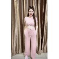 ราคา ชุดเซ็ต เสื้อครอปไขว้หน้าแขนสั้นคอกลมสีพื้น เอวลอย กางเกงขายาว มีกระเป๋ากางเกง 2 ข้าง (20585724418)