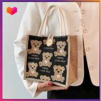 ราคา กระเป๋า ถือ ผู้หญิง กระเป๋า ถือ ผ้า กระสอบลายหมี สีดำ toony TQ (21199852854)