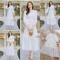 ราคา พร้อมส่ง M 2XL ป้าย Orange Juice เดรสยาว เดรสลูกไม้สีขาว แต่งระบายชายฟันปลา (19608877320)