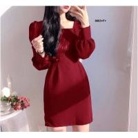 ราคา Chompoo Fashions ชุดเดรส เดรสคอเหลี่ยมแขนตุ๊กตาสีพื้น สีแดง (3244990669)