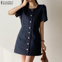 ราคา ZANZEA ชุดเดรสแขนลำลองขาสั้นคอสี่เหลี่ยมชุดยีนส์แบบมินิเรียบ 10 (20153938542)