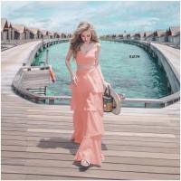 ราคา TW11417 Set 2 ชิ้น เสื้อเกาะอกผูกโบว์หลัง กางเกงขาระบายยาว (1759450141)