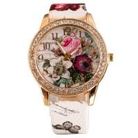 ราคา นาฬิกาข้อมือสตรีระบบควอตซ์สายหนังเทียมหน้าปัดกลมลายดอกไม้ประดับพลอยเทียม (9930492349)