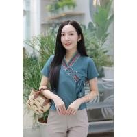 ราคา เสื้อผ้าฝ้ายพี้นเมืองคอวีป้ายผูกอกแต่งขอบผ้าทอ (19568575889)