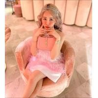 ราคา ป้าย Miss เดรสขนนก เดรสสั้นสีชมพู ชุดเดรสขนนกสำหรับสาวไซส์M (15306324314)