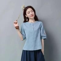 ราคา ชุดกี่เพ้าผู้หญิงสไตล์จีนผ้าฝ้ายวินเทจฤดูร้อนเสื้อยืด (19105420971)