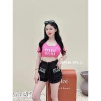 ราคา BS3784 Set เซ็ตเเขนสั้นปักmiu miu ขาสั้นงานผ้ายืด (20041781880)