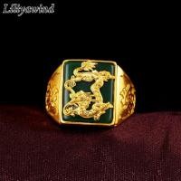 ราคา Liliyawind ใหม่สีดำสีเขียวอาเกตอัญมณีหยกมังกรราศีผู้ชายเปิดแหวน (389858076)