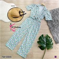 ราคา ฺB18909 จั้มสูทปกสูทขายาว ลายดอกไม้ เข็มขัด จั้มสูทปกสูทขายาวแนวตั้ง เข็มขัด (20485011108)