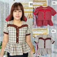 ราคา เสื้อลายสก็อตคอปาดแขนสั้นเอวระบาย ผ้าฝ้ายทอลาย (20109472068)