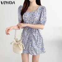 ราคา VONDA ชุดกระโปรงแบบสั้นมินิทรงเอแขนสั้นมีเชือกผูกคอสี่เหลี่ยมแฟชั่นสำหรับผู้หญิง ลายดอกไม้เกาหลี (20707010818)