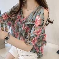 ราคา เสื้อชีฟองเปิดไหล่พิมพ์ลายแบบเดรสสำหรับคนอ้วนฝรั่งเศสสำหรับผู้หญิงไซส์ใหญ่คลุมหน้าท้องทรงหลวมฤดูร้อน (19666293029)