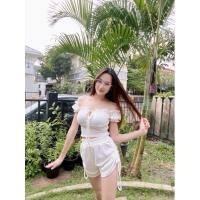 ราคา MesubShop เสื้อปาดไหล่ เสื้อไหมพรม โบว์หน้า เสื้อแขนตุ๊กตา เสื้อเปิดไหล่ ผูกโบว์หน้า เสื้อรูดๆ รุ่น B02 D503A (14358981761)