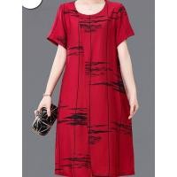 ราคา ใหม่แม่ชุดฤดูร้อนผ้าฝ้ายผ้าไหมชุดขนาดใหญ่บางวัยกลางคนผู้หญิงกลางยาวผ้าฝ้ายผ้าไหมกระโปรงสั้น ชุดสีแดง (16269829459)