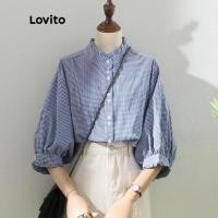 ราคา Lovito Casual Gingham Lettuce Trim Button Front Stand Collar 3 4 Sleeve Blouse for Women LNA08030 Blue Lovito Casual Gingham Lettuce เสื้อเบลาส์แขน 3 4 สำหรับผู้หญิง (20594058973)