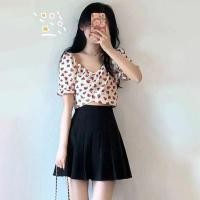 ราคา ชุดเสื้อเชิ้ตลายดอกไม้ผูกโบว์คอสี่เหลี่ยมชนเผ่าเอลฟ์เอวสูง Baju Crop Lengan Pendek กระโปรงมีจีบ (20714257488)