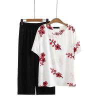 ราคา มีไซส์ใหญ่ Plus Size XL 4XL Womens Floral Embroidery Vintage Summer Sets Short Sleeve Top Elastic Waist 7 10 Pants Casual Female Suits (19311040020)
