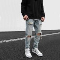 ราคา Mens Casual Skinny กางเกงยีนส์กางเกงผู้ชายกางเกงยีนส์ ripped Black Street Hip Hop ในเข่า DENIM กางเกง (16878918975)
