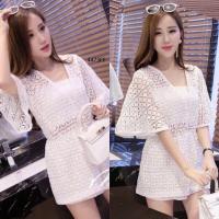 ราคา พร้อมส่ง จั้มสูท จั้มสูทขาสั้น ผ้าลูกไม้ลายดอก เอวยืดสม็อค ด้านหลังมีซับในกางเกง 4473 (17470434206)