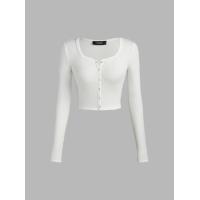 ราคา Cider Solid Rib U neckline Button Long Sleeve Top (20689494059)