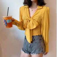 ราคา Mira shop เสื้อแขนยาว เสื้อครอปคอปกแต่งผูกหน้าสม็อค เสื้อครอป 654 (4600554157)