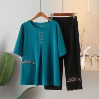 ราคา มีไซส์ใหญ่ Plus Size Womens 2XL 6XL 2pcs Summer Sets Short Sleeve Top 8 10 Pants Floral Embroidery Casual Female Suits (18739050368)