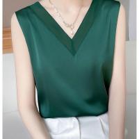 ราคา เสื้อกล้ามสายเดี่ยวผ้าไหมแท้สำหรับผู้หญิง V เสื้อกั๊กผ้าซาตินไซส์ใหญ่สีทึบแขนกุดใส่ด้านใน (20528445903)