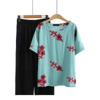 ราคา มีไซส์ใหญ่ Plus Size XL 4XL Womens Floral Embroidery Vintage Summer Sets Short Sleeve Top Elastic Waist 7 10 Pants Casual Female Suits (19311040012)