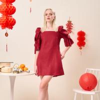 ราคา CNY Collection CHARLOTTE DRESS สีแดง Burgundy เดรสผ้าลินินแท้สวยมาก มีดีเทลโบว์ที่แขน แขนพองนิดๆ ใส่ไปถ่ายรูปไปคาเฟ่น่ารักสุดๆ (21233579883)